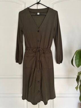 Old Navy Olive Green Tie Waist Long Sleeve Button Front Dress